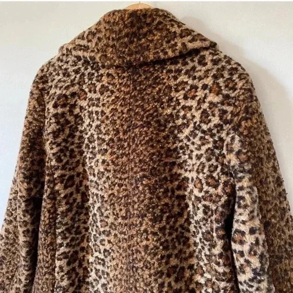 Bernardo Leopard Print Faux Fur Coat Teddy Jacket Oversized Pea Coat Womens - Picture 6 of 10